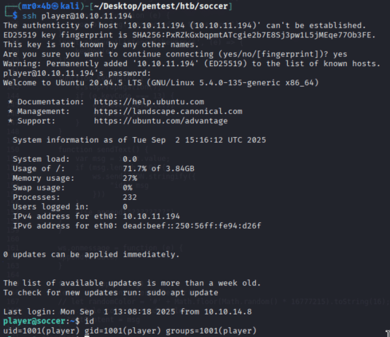 Soccer - SSH login as user player